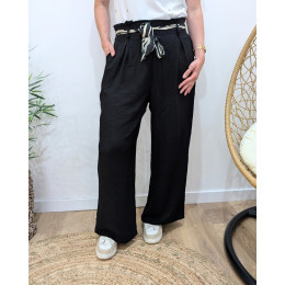 Pantalon fluide femme noir ruban à motifs