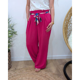 Pantalon fluide femme rose fuchsia ruban à motifs