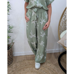 Pantalon fluide femme vert amande palmiers blancs