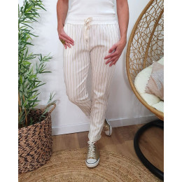 Pantalon femme élastiqué écru rayures dorées pailletées