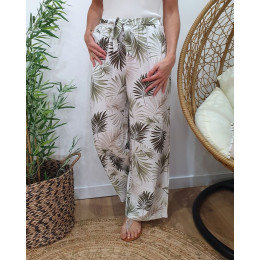 Pantalon fluide femme écru feuillages kaki et taupes Ombelline