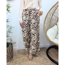 Pantalon fluide femme beige zebrures marrons camel Domitille