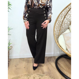 Pantalon femme marron foncé fluide taille haute boutonné Dina