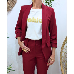 Blazer femme manches plissées rouge bordeaux