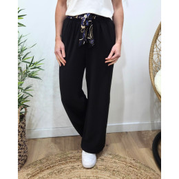 Pantalon fluide femme large noir ceinture à motifs Maïra