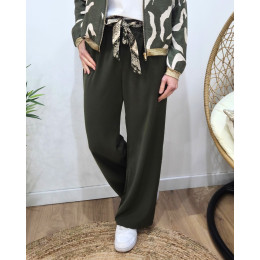 Pantalon fluide femme large kaki ceinture à motifs Maïra