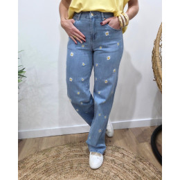 Jean femme large bleu clair marguerites brodées