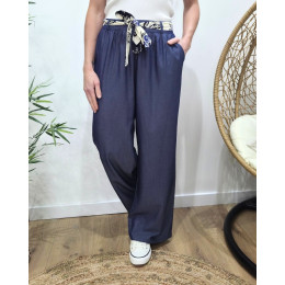 Pantalon fluide femme large bleu jean ceinture à motifs Maïra