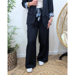 Pantalon fluide femme bleu marine ceinture fleurie Malea