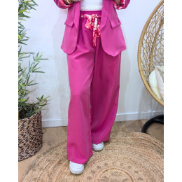 Pantalon fluide femme rose fuchsia ceinture fleurie Malea