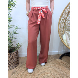 Pantalon fluide femme terracotta ceinture fleurie Malea