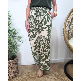 Pantalon femme fluide écru et vert Esra