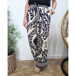 Pantalon femme fluide beige et bleu marine Esra