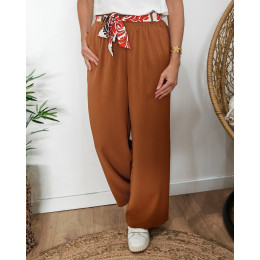 Pantalon fluide femme large camel ceinture à motifs Maïra