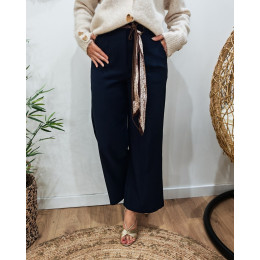 Pantalon femme fluide marine 7/8 ceinture marron