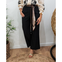 Pantalon femme fluide noir 7/8 ceinture marron