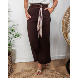 Pantalon femme fluide marron 7/8 ceinture marron