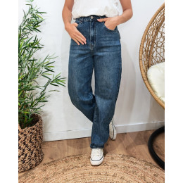 Jean femme barrel bleu foncé délavé ceinture boutonnée