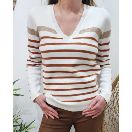 Pull femme marinière col V blanche rayures camel et dorées