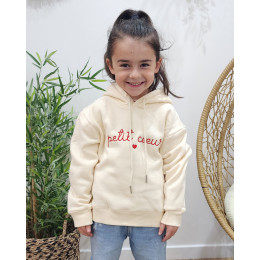 Sweat enfant à capuche beige broderie Petit cœur