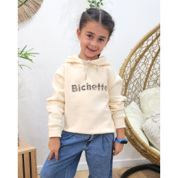 Sweat à capuche enfant beige broderie bichette léopard