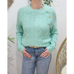 Pull femme vert d'eau boutons dorés Olympia
