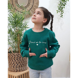 Sweat enfant vert broderie j'irai où tu iras blanche
