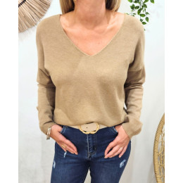 Pull fin femme uni col V Bérénice-Camel
