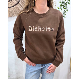 Sweat femme marron broderie Bichette léopard