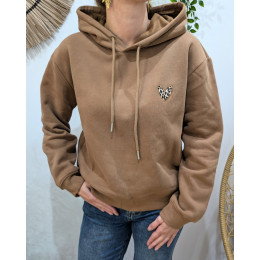 Sweat à capuche femme marron coeur léopard