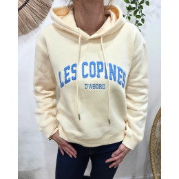 Sweat à capuche femme beige les copines d'abord moumoute bleue