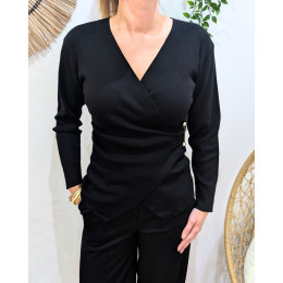 Pull fin femme asymétrique noir broche dorée