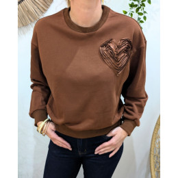 Sweat femme marron coeur relief satiné