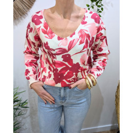 Pull femme col V beige et rose