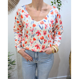 Pull femme col V beige rouge et bleu