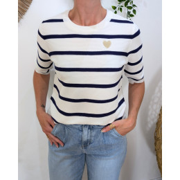 Pull manches courtes femme marine et blanc marinière coeur doré