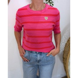 Pull manches courtes femme fuchsia et rouge marinière coeur doré