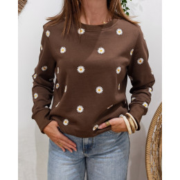 Sweat femme marron broderies marguerites