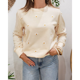 Sweat femme beige broderies marguerites