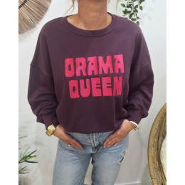 Sweat femme prune broderie DRAMA QUEEN fuchsia