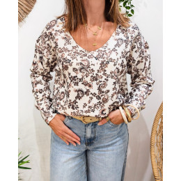 Pull femme col V écru fleurs marrons Margherita