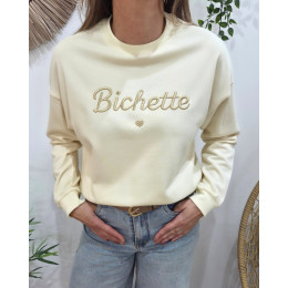 Sweat femme beige broderie Bichette dorée