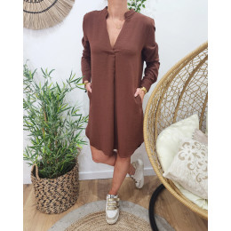 Robe femme droite fluide marron unie col mao