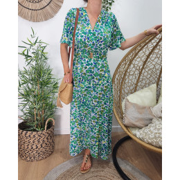 Robe longue femme fleurie manches volantes vert et bleu Sienna