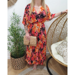 Robe longue plissée grande taille fleurie orange et rose