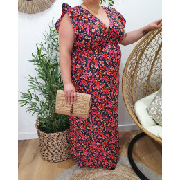 Robe longue femme marine fleurs roses orangées Florentina