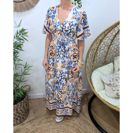 Robe longue femme beige motifs bleus orangés Donatella