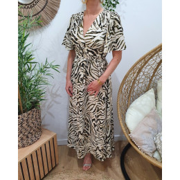 Robe longue femme écru motifs zébrés kaki et dorée