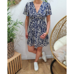 Robe femme écru motifs bleu Bruna