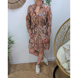 Robe chemise femme motifs cachemire orange rose